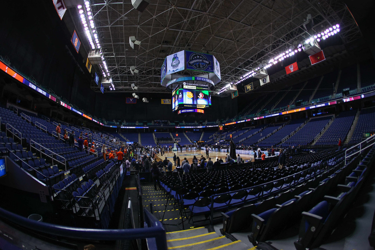 An empty Greensboro Coliseum ahead of the Clemson vs. Florida State ACC tournament men's basketball game.